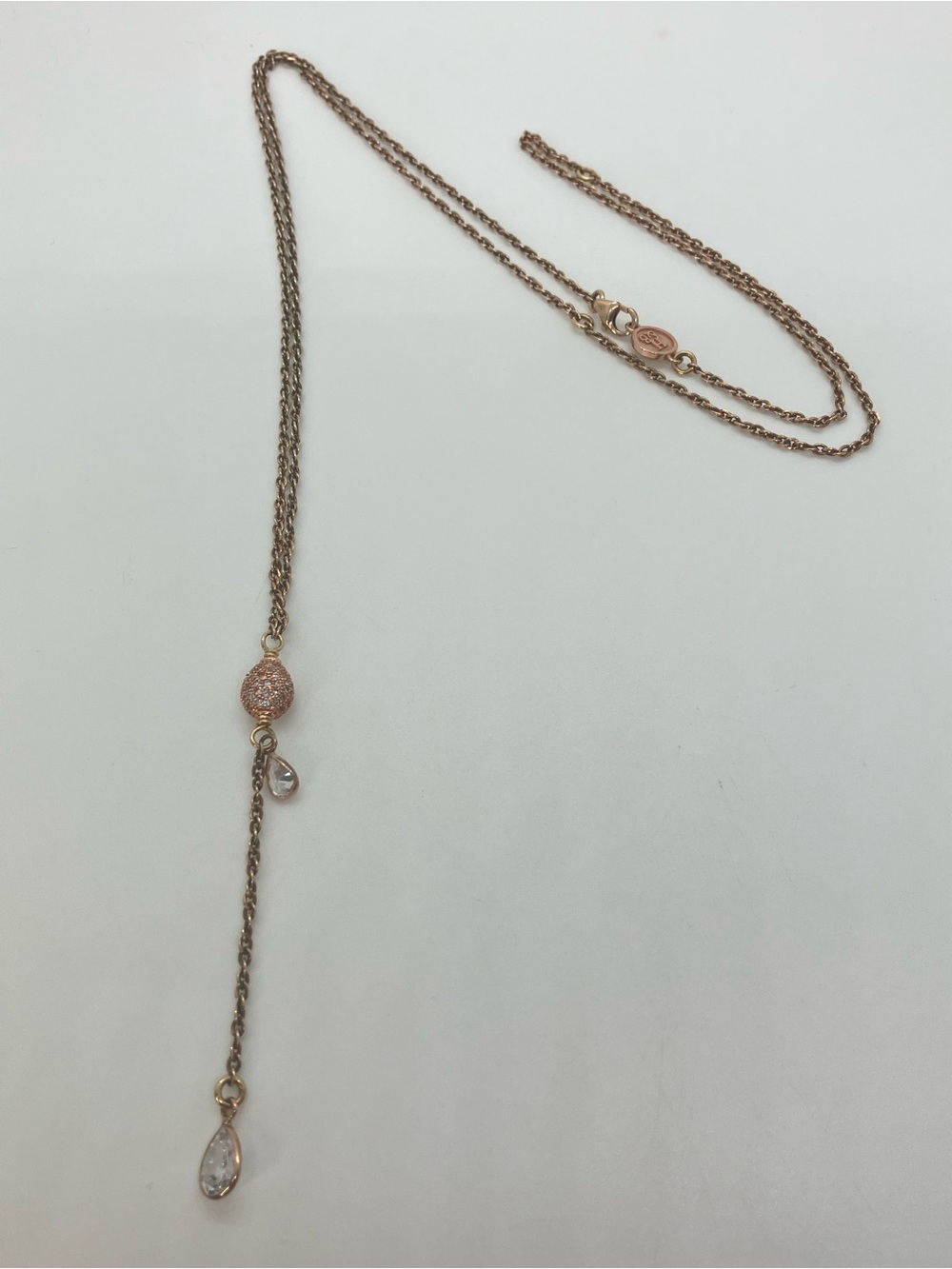 Hillberg Berk 925 Sterling Silver Rose Gold Tone CZ Y Lariat Necklace | 28” L